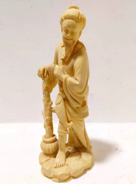 Vintage Chinese Solid Resin Fisherman Man Fish Figurine Hand Carved Ornate 9"