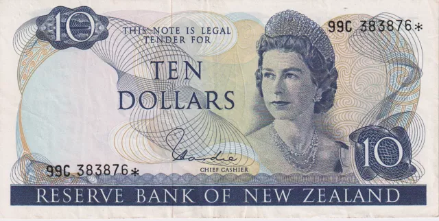 1977-81 New Zealand 10 Dollars Star Note Banknote - Hardie - P#166d Fine # 29977