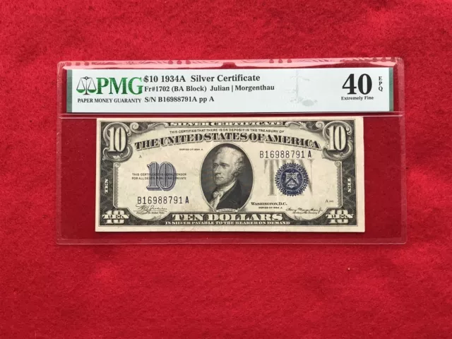 FR-1702 1934 A Series $10 Silver Certificate *PMG 40 EPQ Extremely Fine*