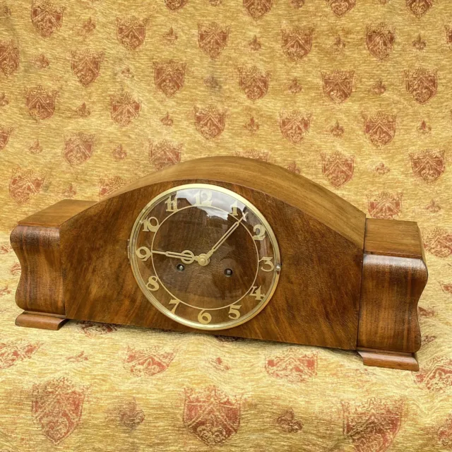 Antique Large Fully Working 1930s Art Deco Napoleon Hat Mantle Clock Wallnut