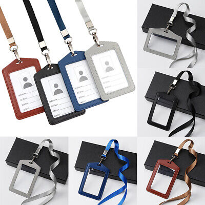 Clear Double-Sided Leather ID Card Holder  Work Badge Wallet Neck Strap Lanyard