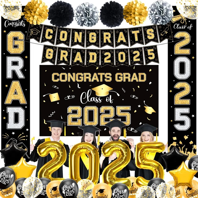 GRADUATION DECORATIONS 2025 Kit - Gold Class of 2025 Banner Balloons ...