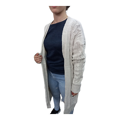Cardigan donna lungo lana maglione aperto invernale giacca nuovo beige S M L XL