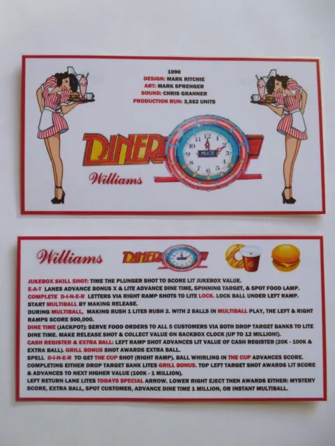 * * 'DINER' Williams 1990 Custom Instruction/Apron Cards * * (New)