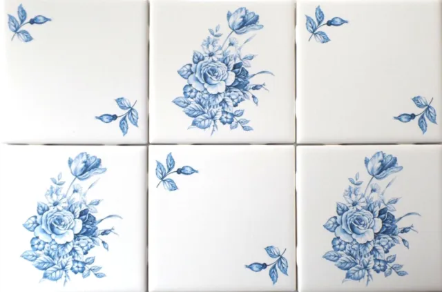 Blue & White Delft Design Swansea & Rose Ceramic Tile 4.25" Kiln Fired 6 set