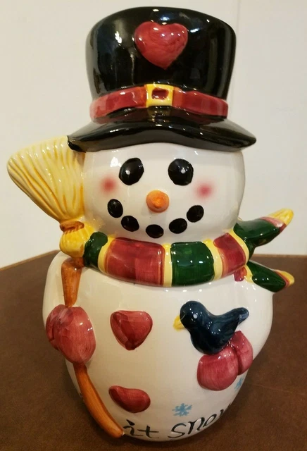 Christmas Snowman With Top Hat Broom Bird Cookie Jar "Let It Snow"
