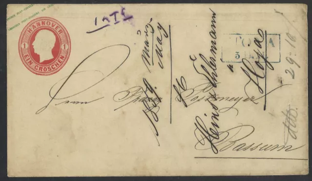 Altdeutschland Hannover 1859 Brief Ganzsache U5 Hoya nach Bassum