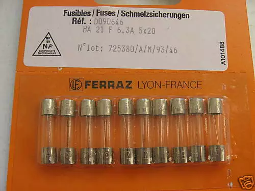 Boîte de 10 Fusibles  5x20mm Rapide 6.3A 250Vac Ferraz