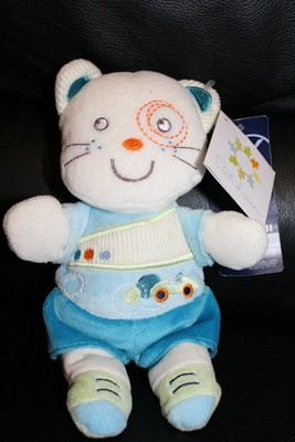 Simba Doudou chat blanc et bleu NICOTOY kiabi simba brodé voiture rond côtelé 24 cm 