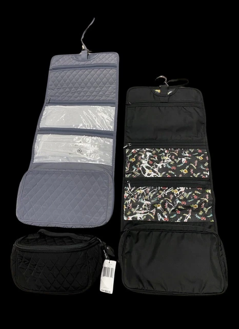 3 Pc Vera Bradley Hanging Travel Organizer Quilted BlacK Small Makeup Bag NWT