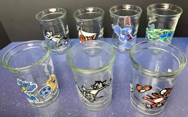 Lot of 7 Tom and Jerry Welch's Glass Jelly Jars 1990 1991 Sports Cat Mouse