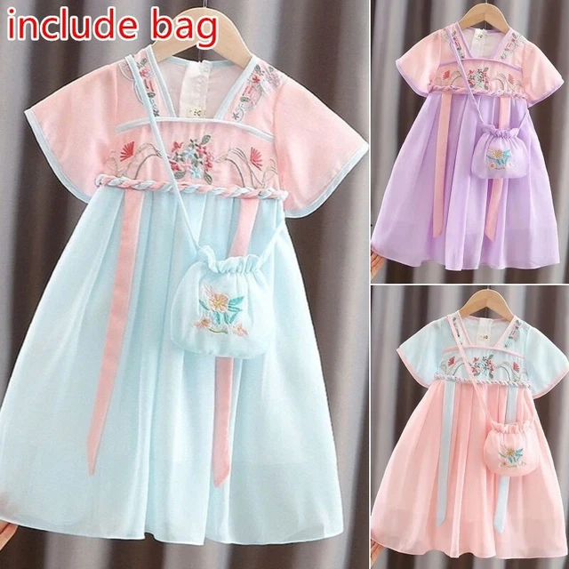 Bambini Ragazza Hanfu Abiti Manica Corta Floreale Ricamo Cinese Ttang Suit