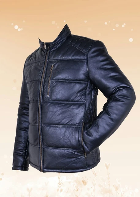 New Mens Black Genuine Leather Puffer Quilted Bomber Funnel Jacket Size S-5XL 2