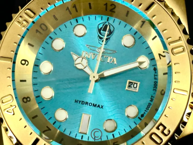 NEW Invicta Hydromax 37594 Aqua Blue 52mm Dial All Gold Tone SS Bracelet Watch