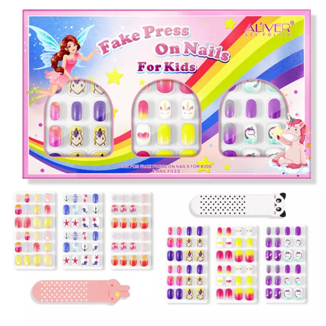 144 Fake Press on Nail Kids Kit Children Colors False Art Set Gift Girls Acrylic