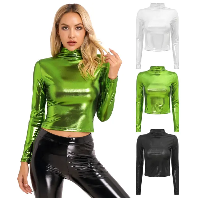 Womens Metallic Liquid Mock Neck Crop Top Shiny Long Sleeve T-Shirt  Clubwear