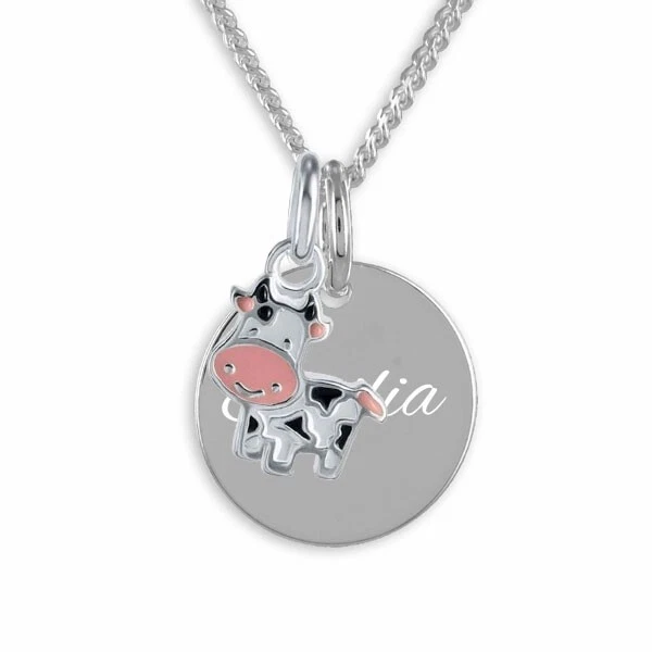 Kinderkette, Gravurplatte mit Kuh, 925er Sterling Silber, persönliche Gravur