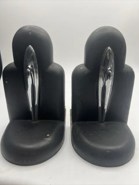 Vintage Mid Century Modern Wooden Metal Bookends Art Deco Black Silver MCM