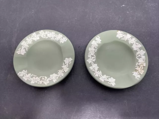  2Vintage Wedgwood Jasperware Sage Green Ashtray Grape Vine Made in England 4.5"