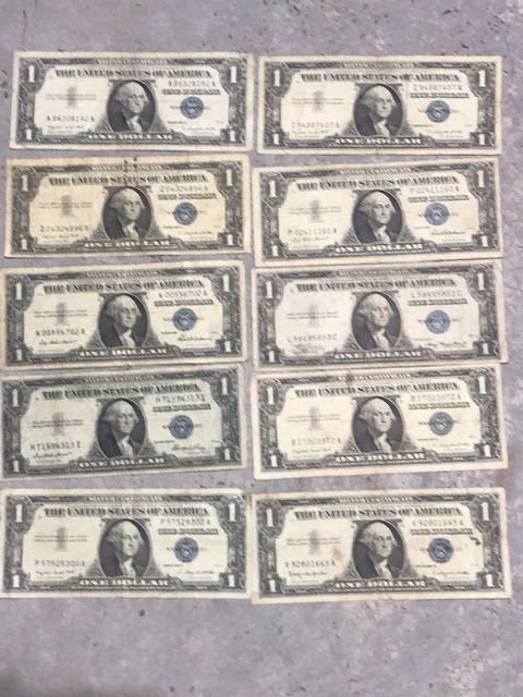 Vtg 1B Lot of 10 1935 1957 US $1 Blue Seal Silver Certificates  Nice Group G-Vg