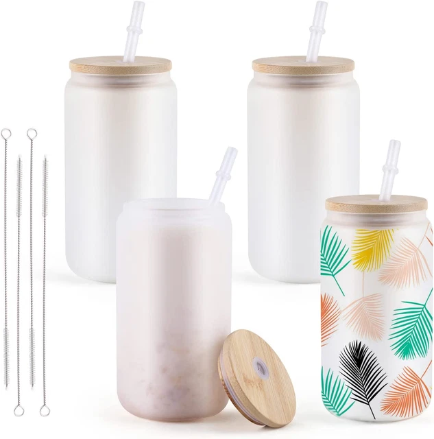 Sublimation Glass Blanks with Bamboo Lid - 16Oz Frosted Sublimation Beer Can Gla