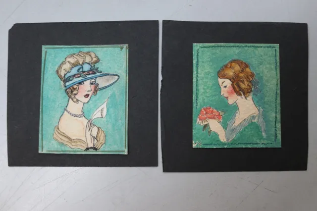 Pair Miniature Vintage Original Watercolor Paintings Female Portraits Unsigned