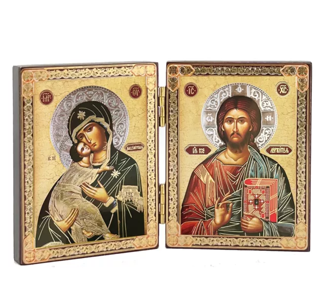 Christ The Teacher Virgin of Vladimir Byzantine Icon Diptych Traveling Home 3"