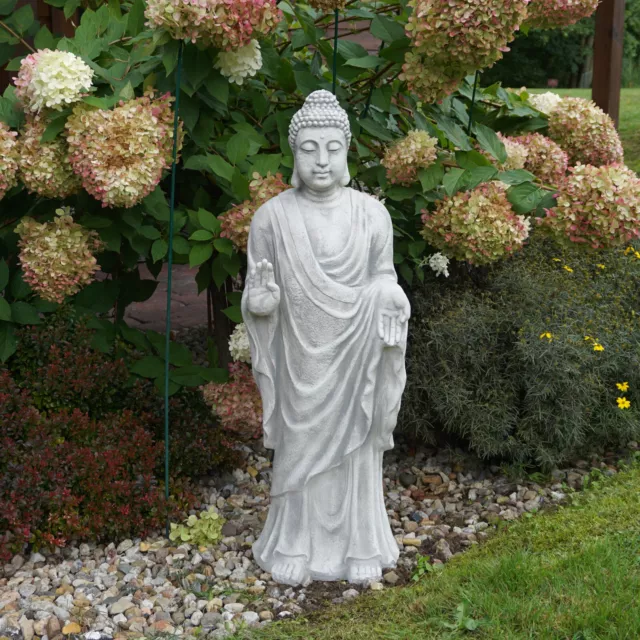 Große massive stehende Buddha Mönch Statue Tempelwächter aus Steinguss frostfest