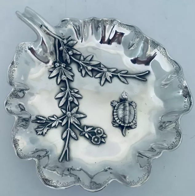 Rare Wood Hughes Aesthetic Sterling Leaf Form Bowl Applied Turtle & Foliage 1880
