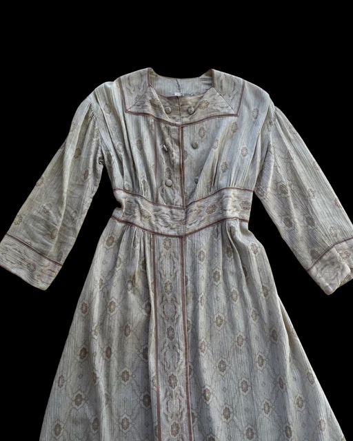 ANTIQUE EDWARDIAN DRESSING Gown Dress Crepe Floral Neutral 1910s 1900s