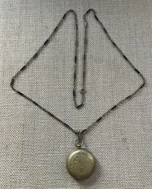 Antique enameled bar chain locket 30 inches (dw36)