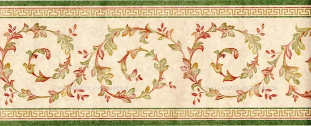 Scroll Leaf with Greek Key Wallpaper Border, Green, Beige, Gold 15' L x 6.9"W