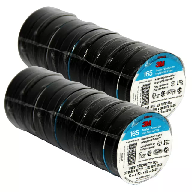 3M Temflex Vinyl Electrical Tape 165 Multi-purpose 3/4" X 60FT Black 20 Rolls