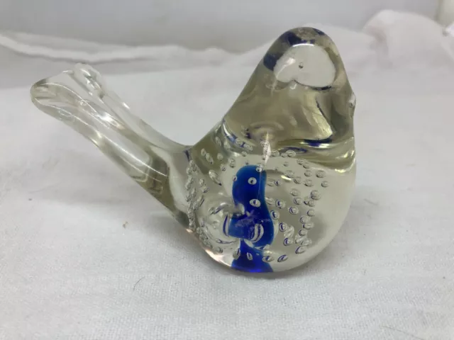 Vintage Clear/Blue Art Glass Bird Paperweight Bird Figure Controlled Bubbles