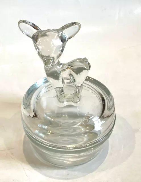 Vintage Jeanette Clear Glass Deer Fawn Jewelry Trinket Powder  Box Dish  w/Lid