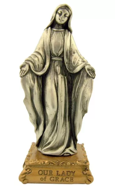 Pewter Our Lady of Grace Figurine Statue on Gold Tone Base, 4 1/2 Inch