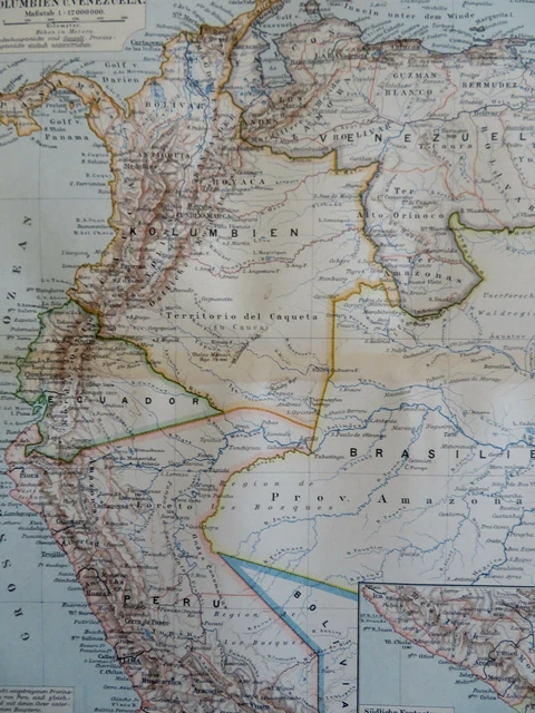 Panama Colombia Venezuela Ecuador Peru South America 1892 Meyer color litho map