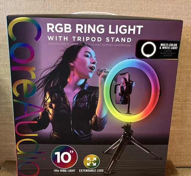Anillo de luz RGB 10"" con soporte, trípode y patas extensibles, multicolor y blanco