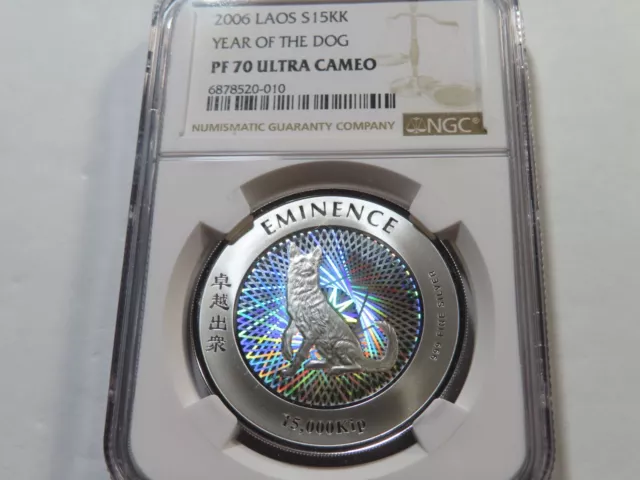 E24 Laos 2006 Year of the Dog Silver 15k Kip NGC PROOF-70 UCAM Top Pop:2/0 Tied!