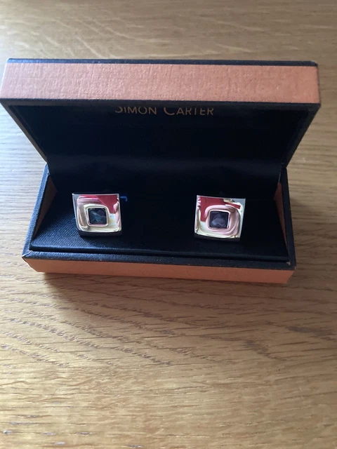 Simon Carter Silver Coloured Cuff Links With Navy Blue Center With Heart
