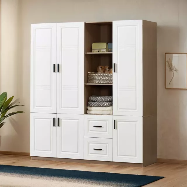 Tall Wardrobe Armoire Closet Cabinet Wood w/4 Door & 2 Drawers Bedroom Storage