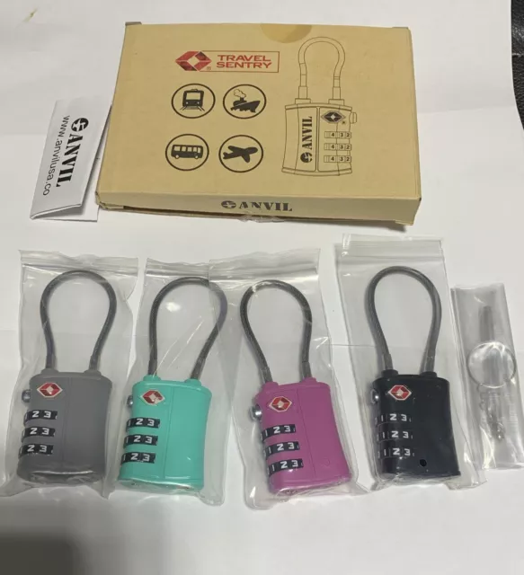 Travel Security Locks by Anvil -4 Pack- 4 colors -TSA Approved