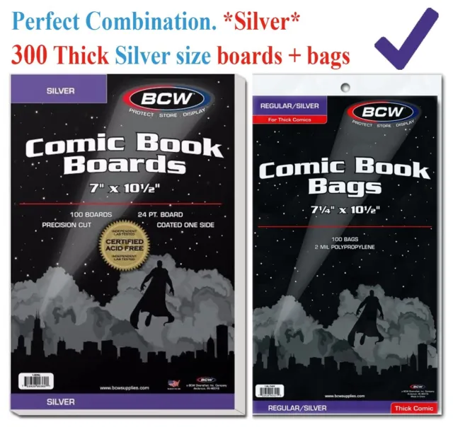 300 THICK BCW Silver Era Comic Book Bags Sleeve + Back Board 7 1/4 x 10 1/2 Safe