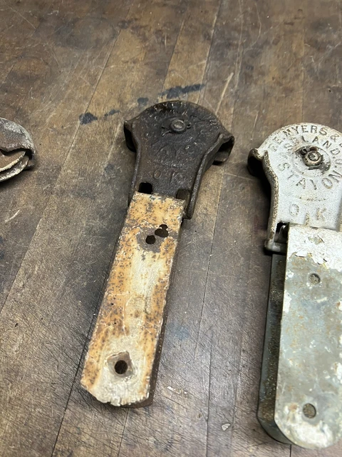 Antique Old Myers Stay On Ok cast iron Barn Door Rollers Hangers Pair Set USA 2