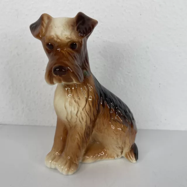 Vintage Ceramic Airedale Terrier Dog Figurine Sitting Brown Glossy Glazed 6”