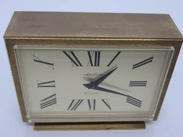 Vintage Working SETH THOMAS "Elomatic" Heavy Gilt Brass Deco Mantel Shelf Clock 3