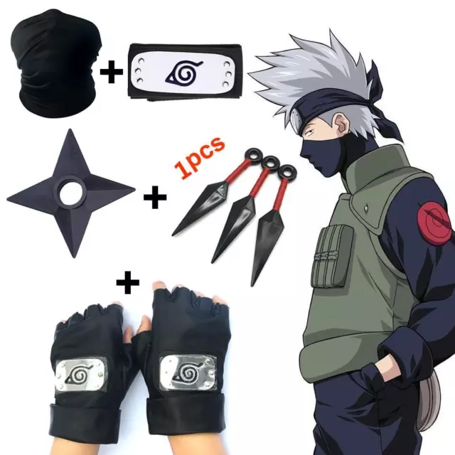 5pcs Naruto Anime Cosplay Costume Kakashi Gloves Kunai Headband Weapon Mask Set