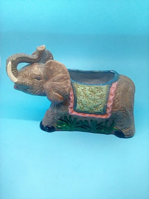 Porcelain Elephant Planter Bisque Gorgeous Painted Vase Happy Lucky Old Vintage