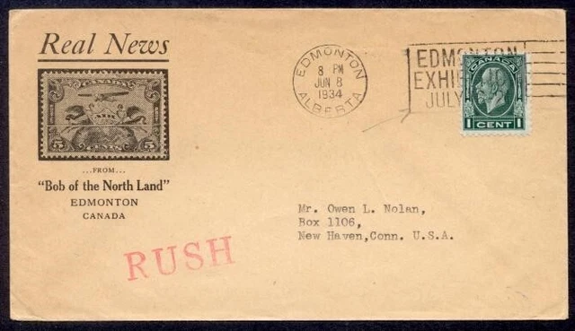 CANADA 1c MEDALLION BOB OF THE NORTHLAND 1934 COVER