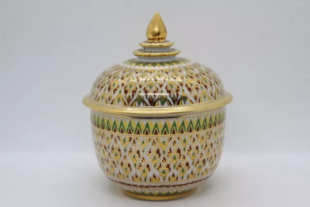 Authentic Thai Hand Painted Benjarong Porcelain Jar Bowl With Lid - 5,52"